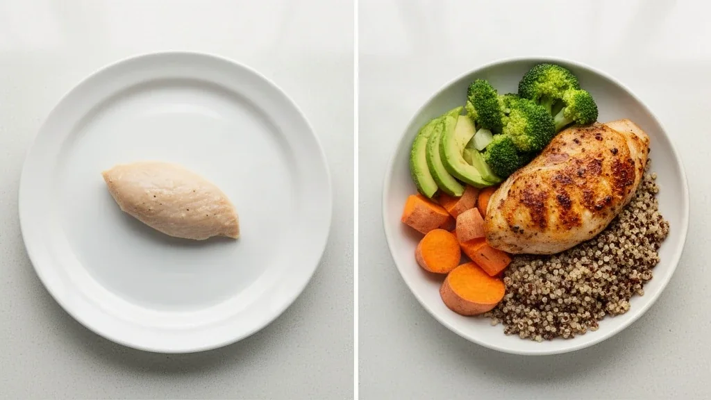 A tiny restrictive plate of plain chicken and salad beside an abundant balanced plate of chicken, sweet potato and quinoa