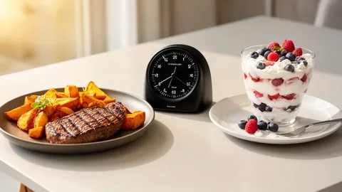 An 8-hour eating window timer surrounded by balanced high-protein meals for intermittent fasting.