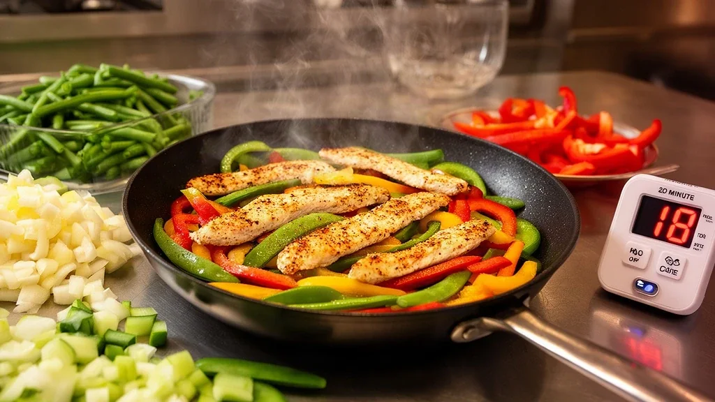 Quick 30-minute high-protein skillet meal cooking with fresh ingredients and kitchen timer.