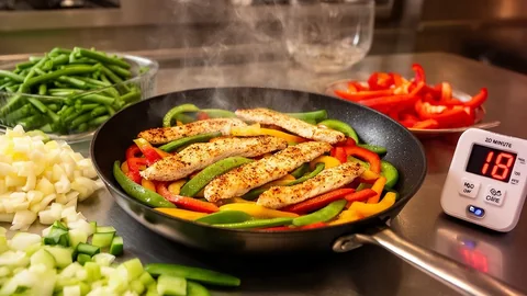 Quick 30-minute high-protein skillet meal cooking with fresh ingredients and kitchen timer.