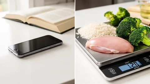 A face-down phone and closed cookbook on one side of a counter and weighed chicken, rice and broccoli on the other