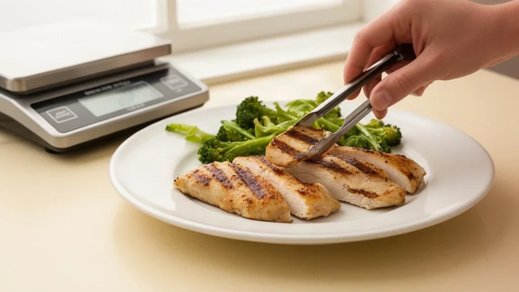 A hand adding one more slice of grilled chicken to a plated dinner beside a kitchen scale