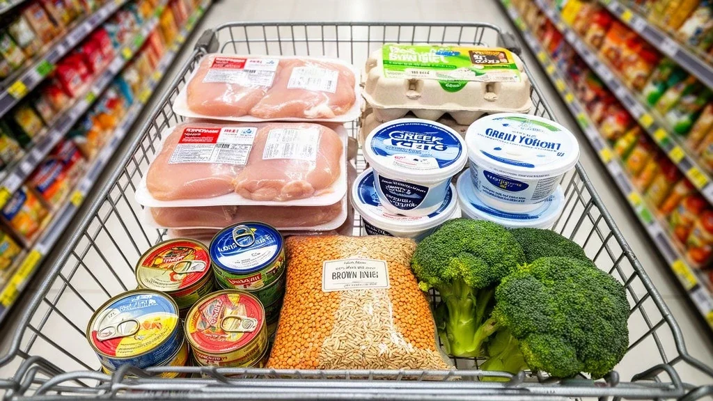Supermarket cart loaded with high-protein budget staples like eggs, Greek yogurt, chicken, and lentils.