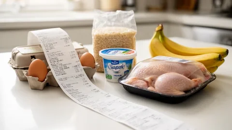 A long grocery receipt curling across a counter beside unpacked eggs, yogurt, rice and chicken