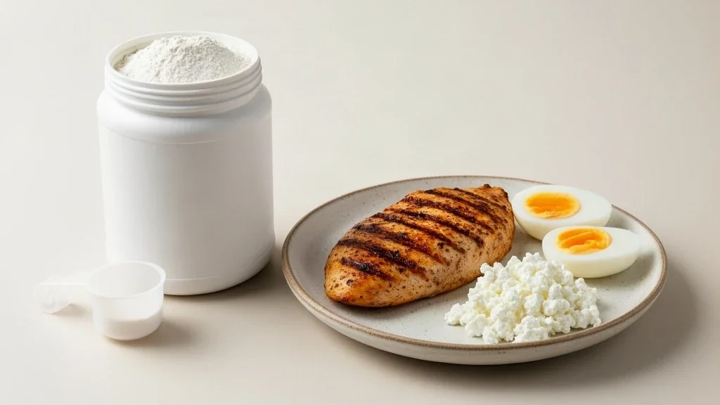 A plain tub of whey protein with its scoop beside a plate of grilled chicken, halved boiled eggs and cottage cheese