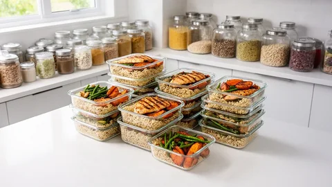 Ten glass meal prep containers neatly packed with high-protein meals on a clean kitchen island.