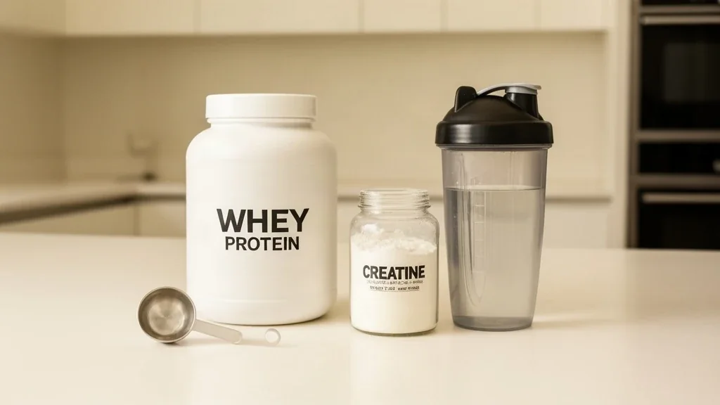A tub of whey protein with its scoop, a jar of creatine and a shaker bottle on a bright counter
