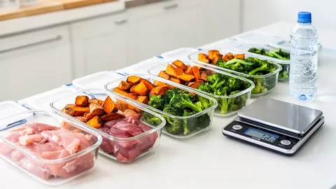 Glass containers of lean protein, roasted sweet potatoes and green vegetables lined up beside a kitchen scale
