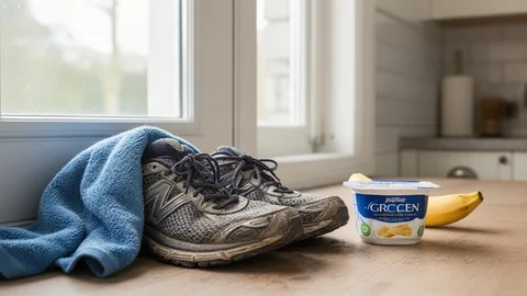 Worn running shoes and a towel by a kitchen door with a banana and small tub of yogurt on the counter