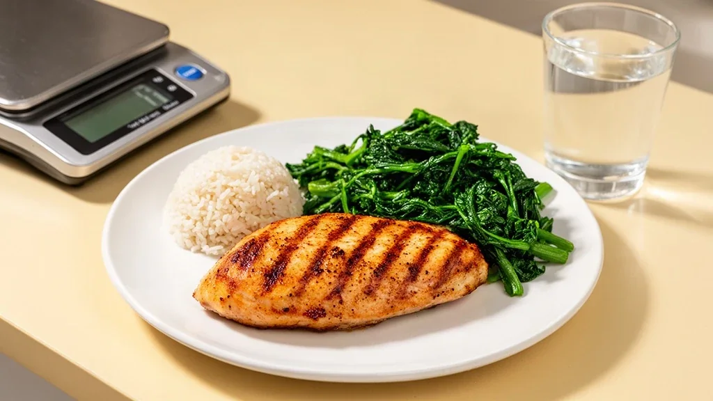 A plate of grilled chicken with a small scoop of rice and a large pile of greens beside a kitchen scale