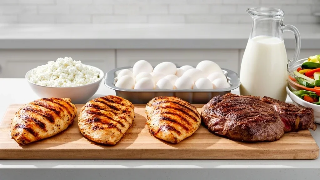 A counter crowded with chicken, cottage cheese, eggs, steak and milk with one bowl of vegetables to the side