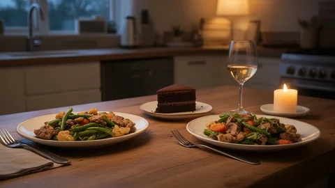 An evening table with two plates of a home-cooked meal, a slice of chocolate cake and a glass of wine