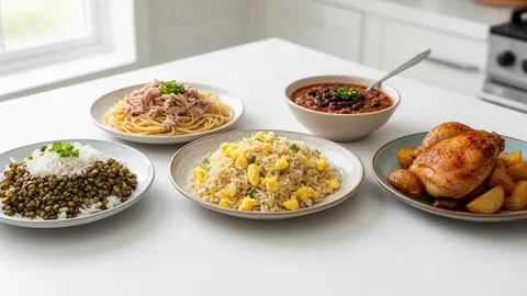 Five simple budget dinners plated on mismatched plates arranged in a row on a kitchen table
