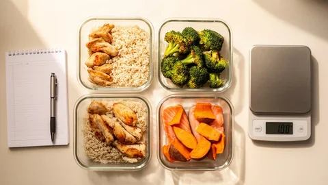 A week of prepped meals in glass containers arranged beside a notepad, pen and kitchen scale
