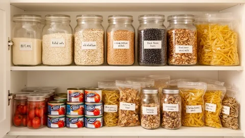 Open pantry shelves lined with jars of rice, oats, lentils, beans and pasta and stacked cans