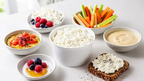 An open tub of cottage cheese surrounded by savoury and sweet cottage cheese dishes, dip, batter and toast