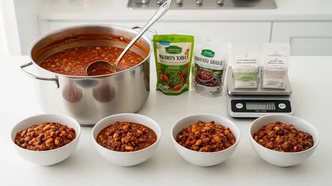 A pot of chilli with a ladle beside empty ingredient packets, a kitchen scale and four portioned bowls
