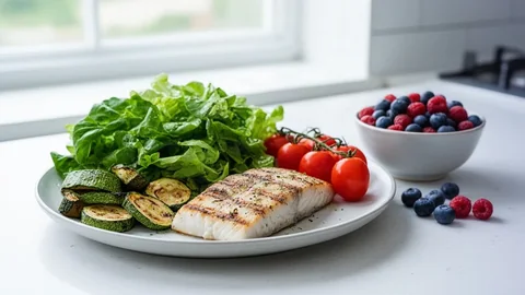 A high-volume plate of greens, roasted courgette and grilled white fish with a bowl of berries
