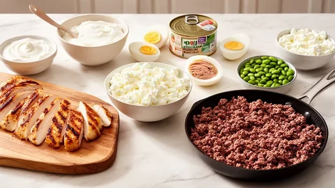 A counter spread of whole-food protein sources including chicken, Greek yogurt, eggs, tuna and lean beef