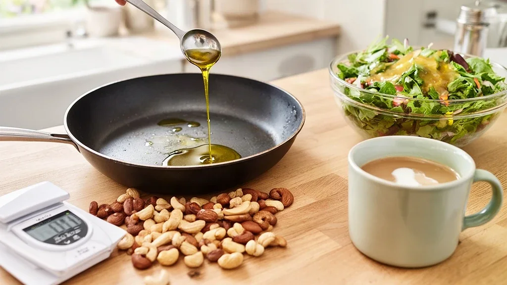 Olive oil poured free-hand into a pan beside an unused kitchen scale, a handful of nuts and a dressed salad