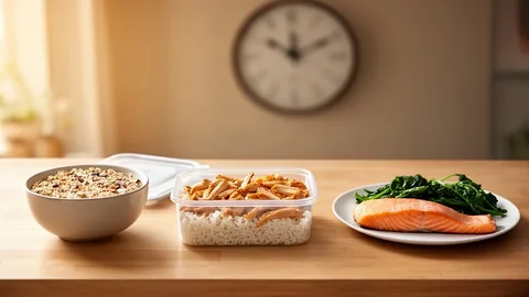 Protein oats, a packed chicken and rice container and a plate of salmon and greens arranged left to right