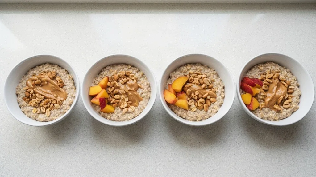 Four bowls of the same oatmeal breakfast in a row, each with a slightly larger serving